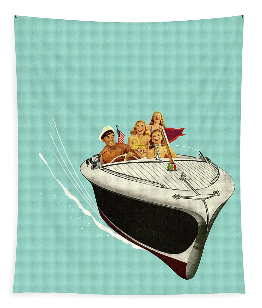 Activity Tapestry featuring the drawing Four People in a Speedboat by CSA Images