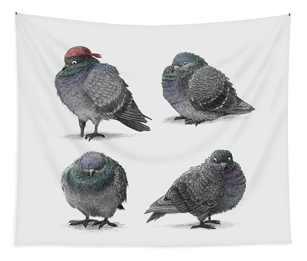 Pigeon Tapestry featuring the drawing Four Pigeons by Eric Fan