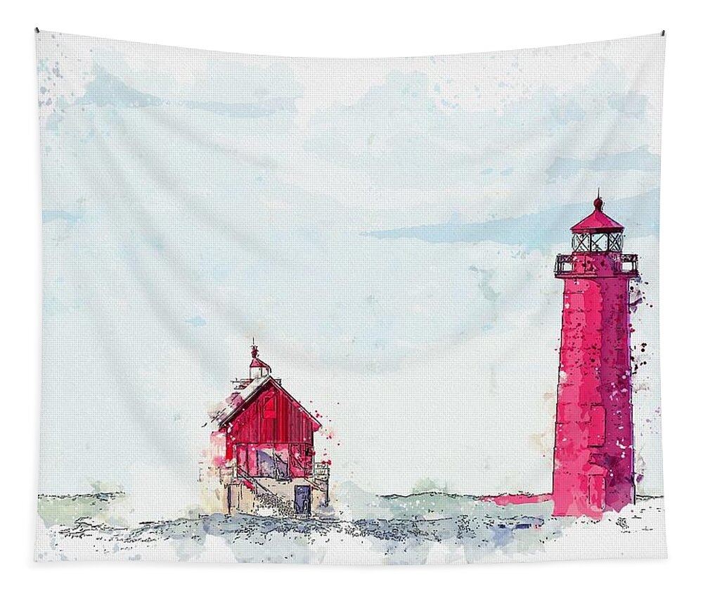 Frozen Tapestry featuring the painting Frozen Red Lighthouse - watercolor by Adam Asar by Celestial Images