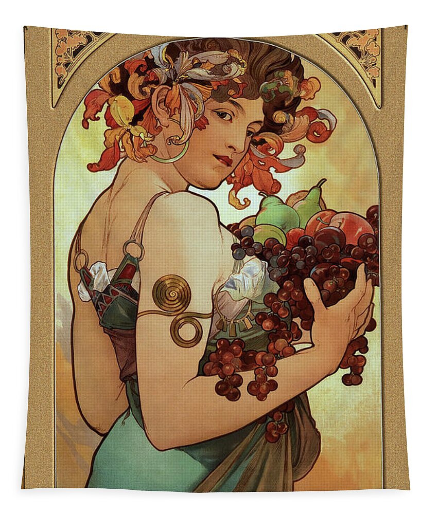 Fruit Tapestry featuring the painting Fruit by Alphonse Mucha by Rolando Burbon