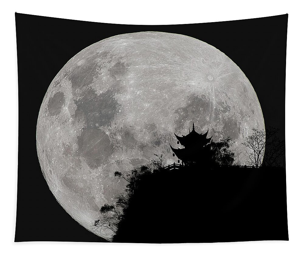 Moon Tapestry featuring the photograph Full Moon Behind Clifftop Gazebo in Chengdu China by William Dickman