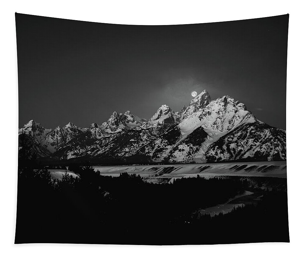 Full Moon Sets In The Tetons Tapestry featuring the photograph Full Moon Sets in the Tetons by Raymond Salani III