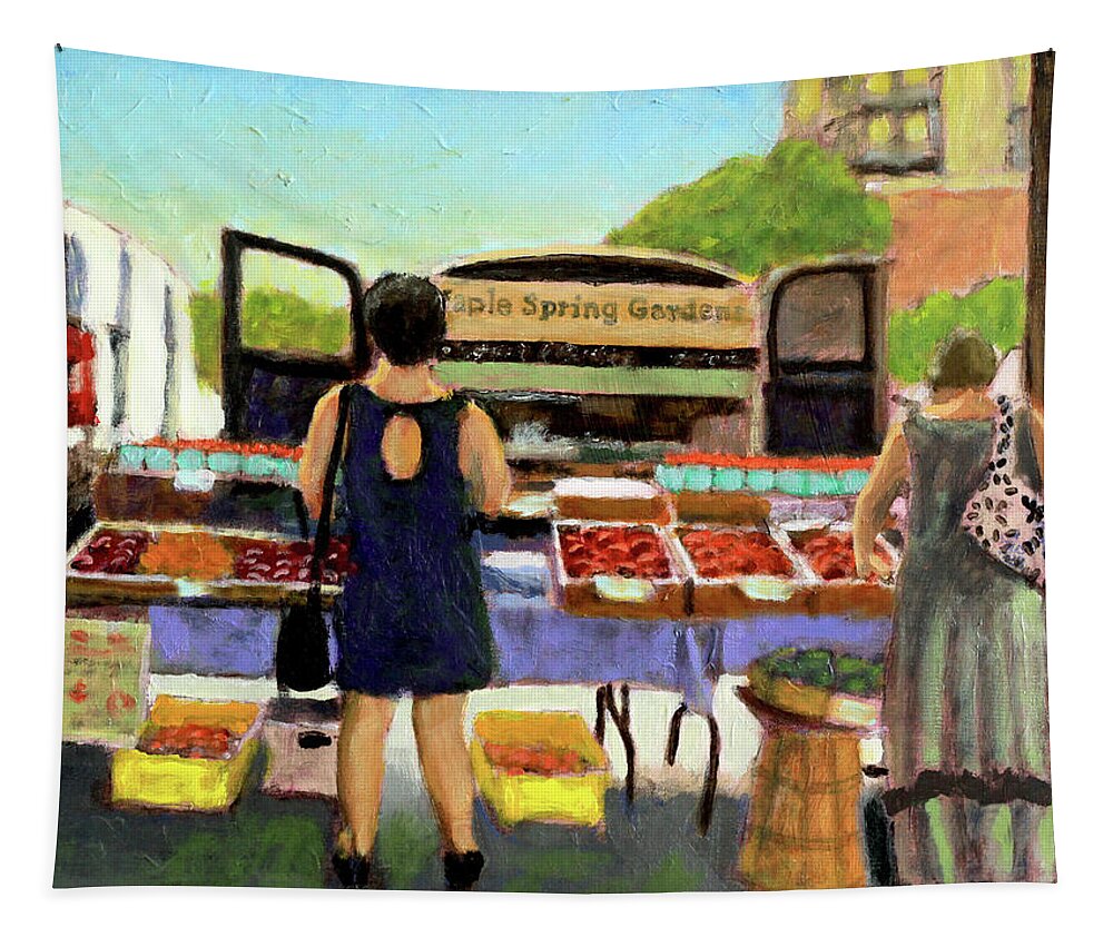 Produce Stand Tapestry featuring the painting Garden Shoppers by David Zimmerman
