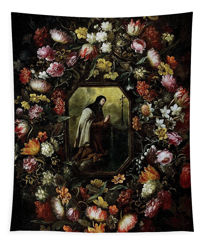 Garland Of Flowers With Saint Teresa Of Jesus Tapestry featuring the painting 'Garland of Flowers with Saint Teresa of Jesus', Second half 17th century, Span... by Bartolome Perez -1634-1693-
