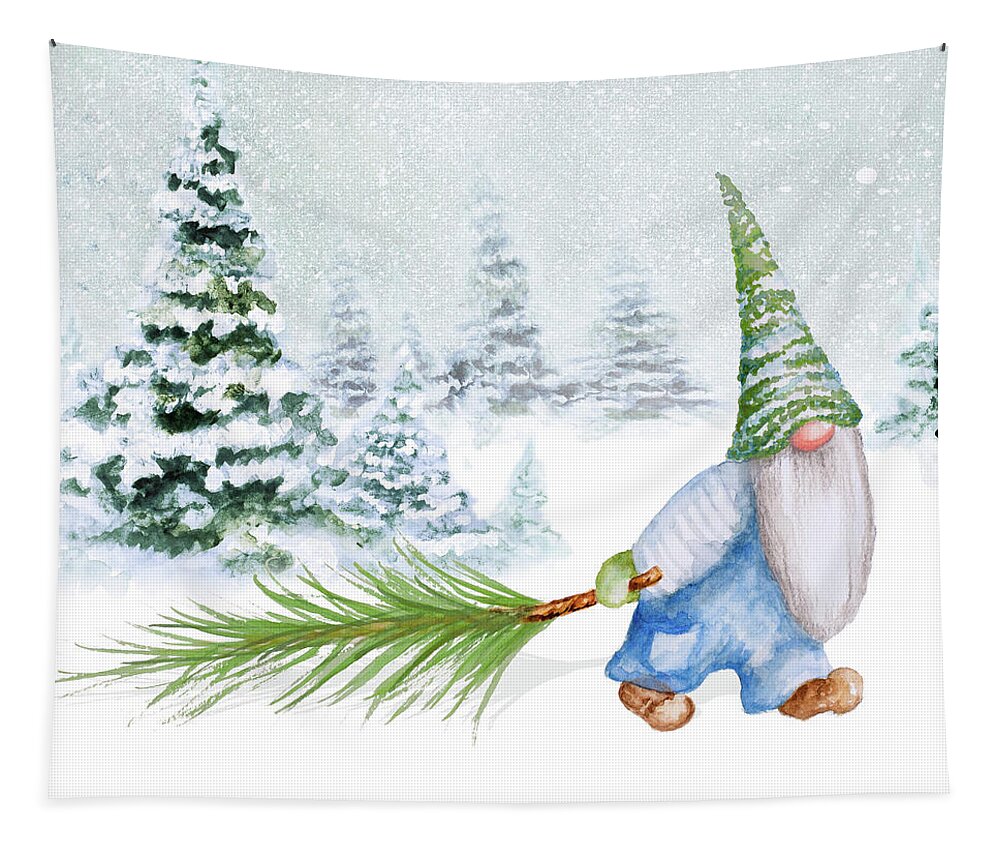 Gnome Tapestry featuring the mixed media Gnomes On Winter Holiday I by Janice Gaynor