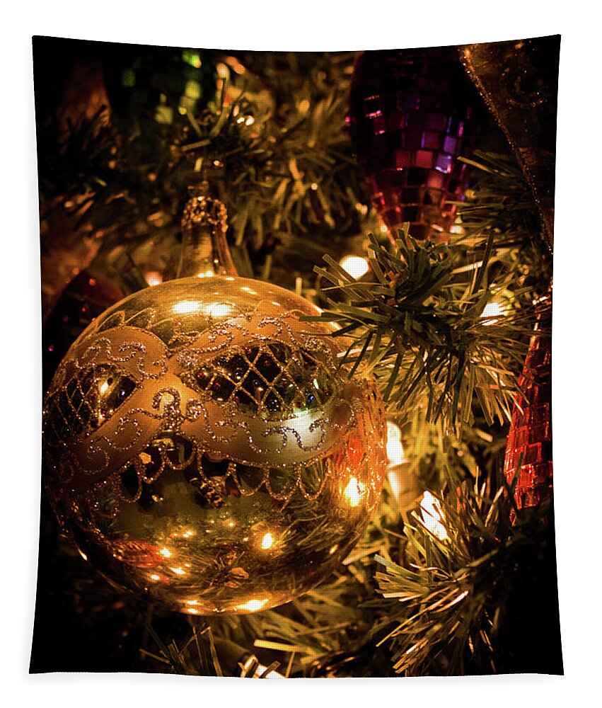Purple Tapestry featuring the photograph Gold Christmas Ornament by Joann Copeland-Paul