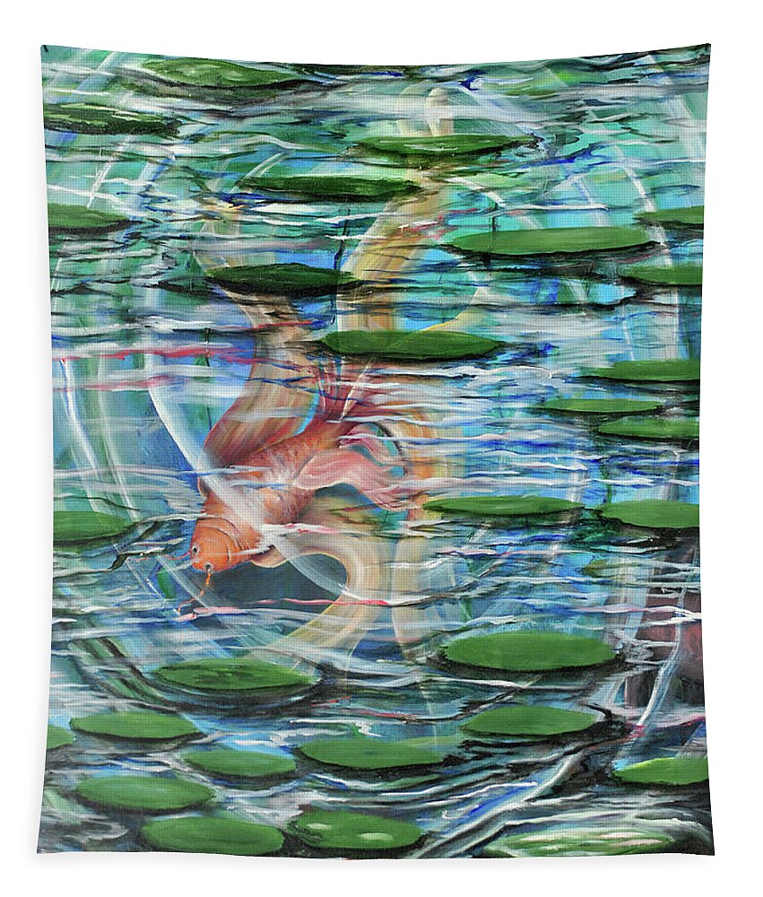 Alluring Pleasing Painting Goldfish Nature Water Pond Leaves Colorful Fantasy Art Beautiful Fish Art Fish Painting Goldfish Art Tapestry featuring the painting Goldfish by Medea Ioseliani