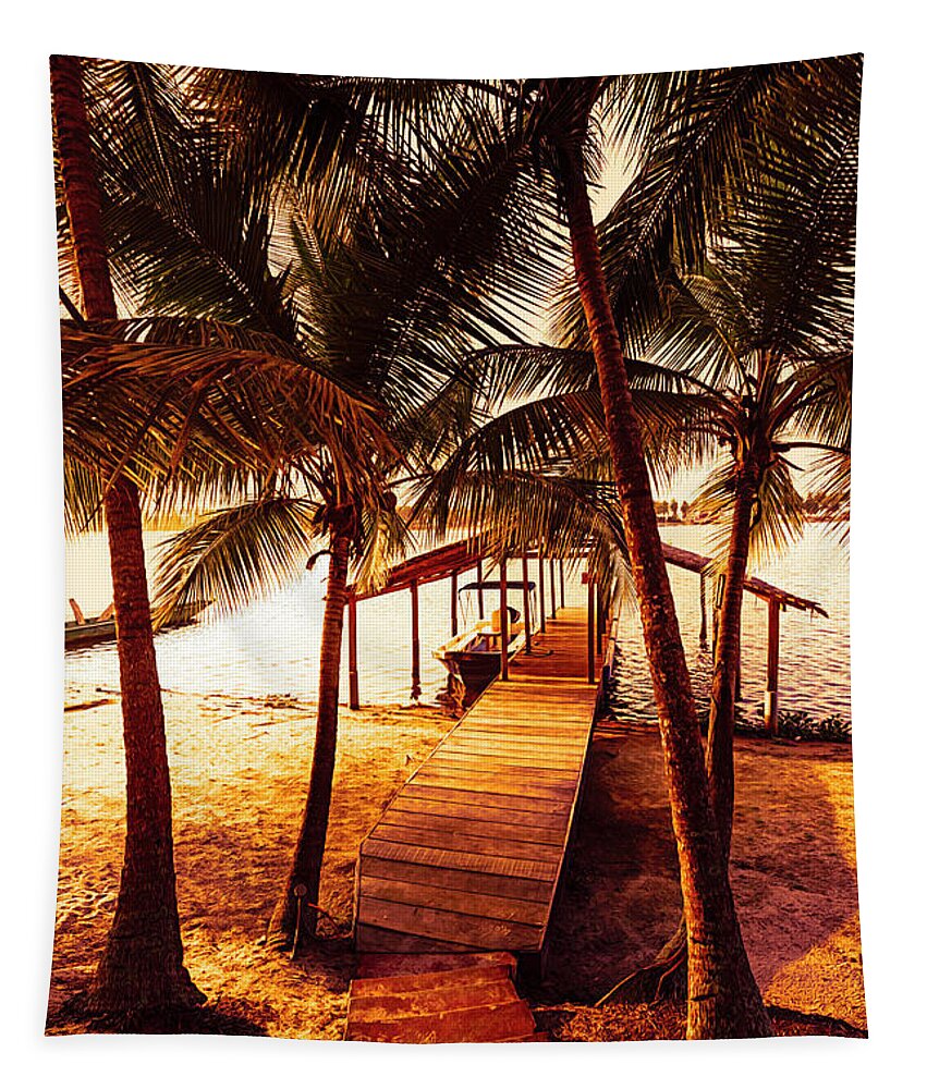 African Tapestry featuring the photograph Golden Island Dock Under the Palms by Debra and Dave Vanderlaan