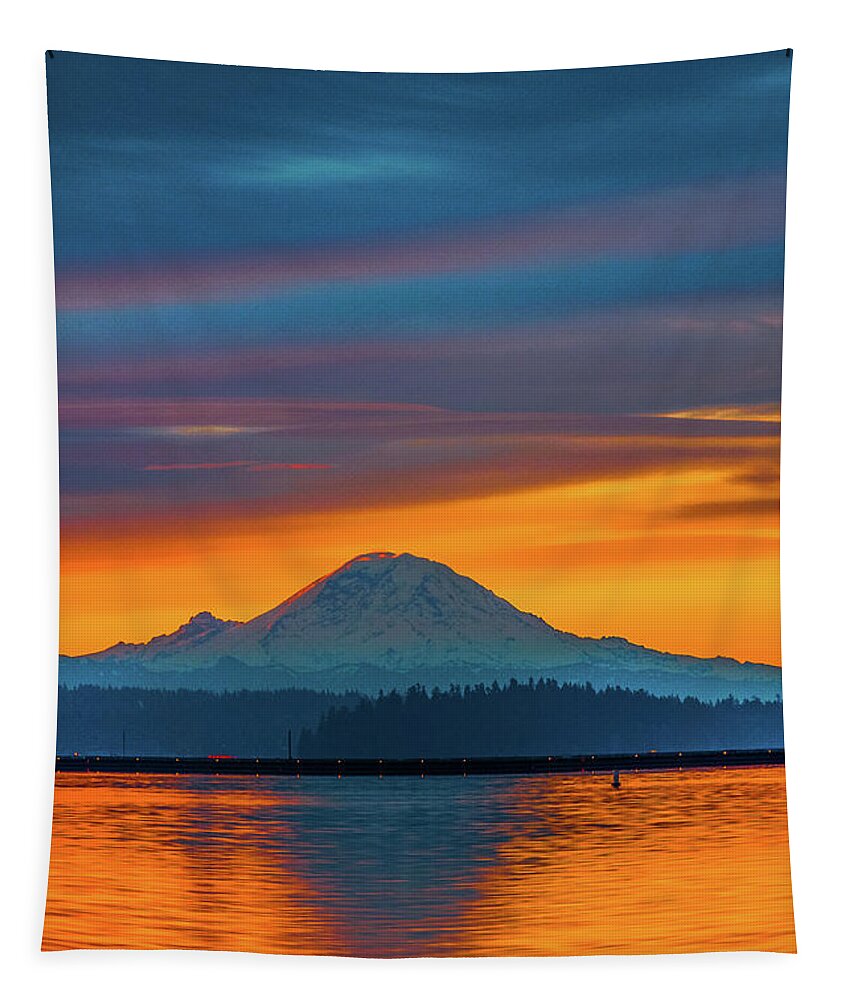 Winter Sunrise; Leschi Marina; Seattle; Mount Rainier; Lake Washington Tapestry featuring the photograph Golden Sunrise Glow by Emerita Wheeling