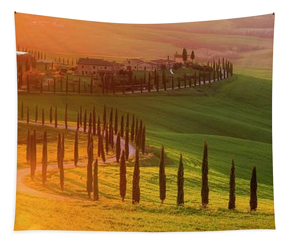 Tuscany; Villa; Green; Hills; Italy; Belvedere; Val D'orcia; Cypress; Trees; Beautiful; Countryside; Sunset; Rolling; Italia; Toscana; Rob Davies; Robert Davies; Landscape; Gold; Sun; Flare; Lens Flare; Panorama; Gladiator; Location; S Shape; Road; Classic Tapestry featuring the photograph Golden Tuscany II by Rob Davies