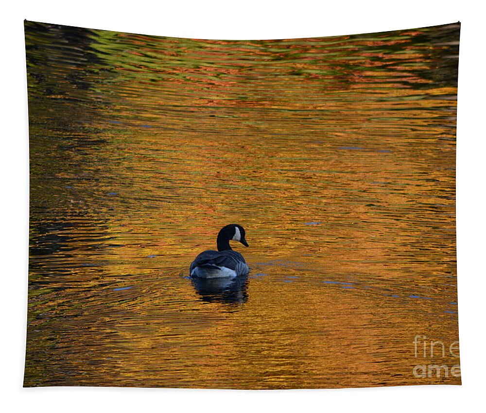 Geese Tapestry featuring the photograph Goose Swimming In Autumn Colors by Dani McEvoy
