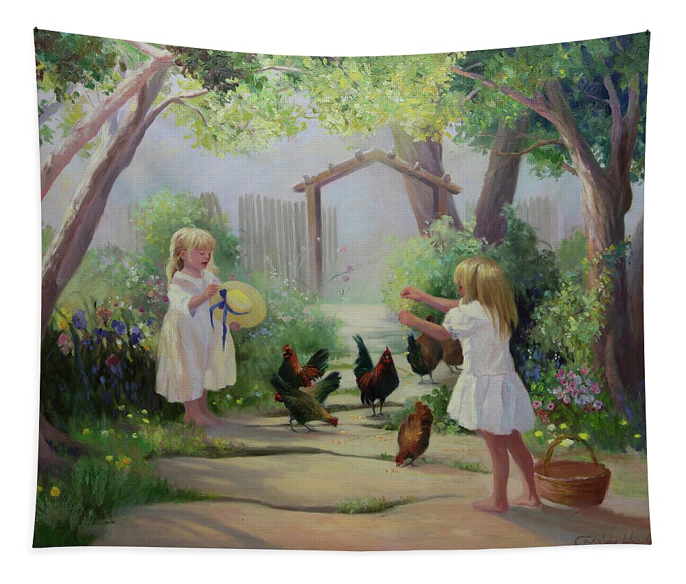 Figurative Art Tapestry featuring the painting Grandmother's Chickens by Carolyne Hawley