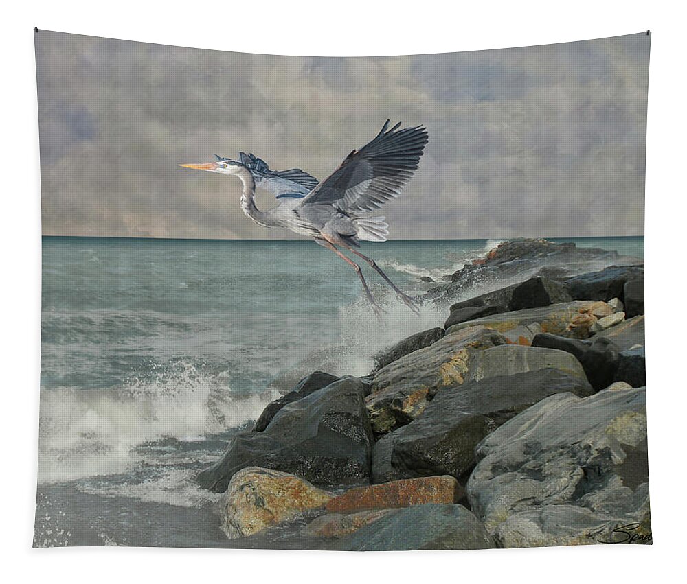 Florida Tapestry featuring the digital art Great Blue Heron at Sand Key by M Spadecaller