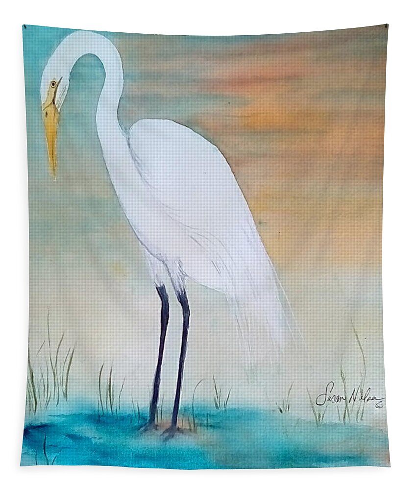 Vibrant Sunset White Egret Tapestry featuring the painting Great Egret by Susan Nielsen