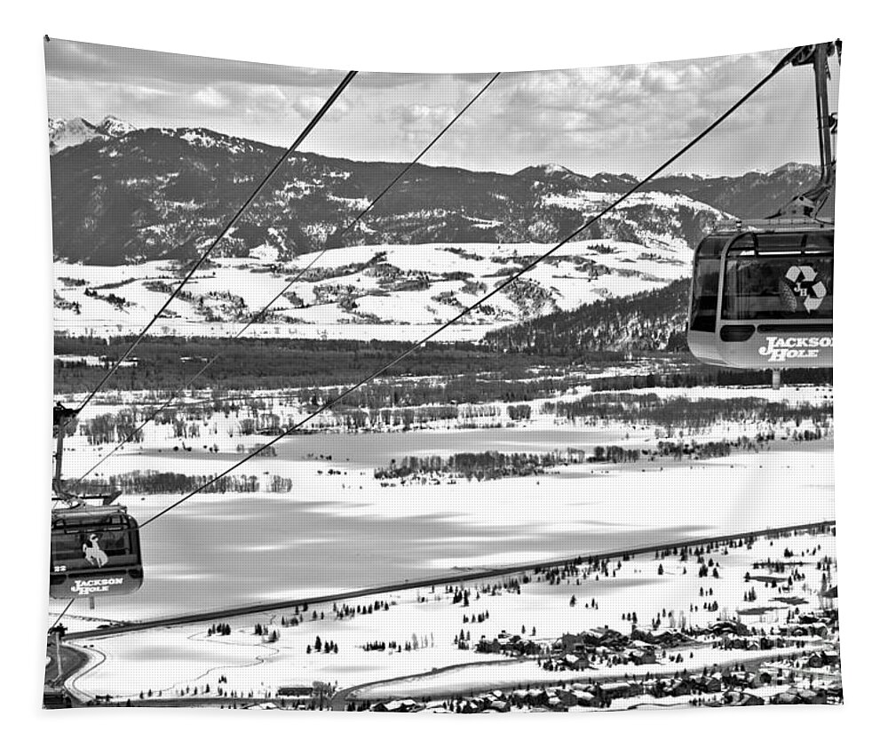 Jackson Hole Tapestry featuring the photograph Green Bridger Gondola Car Black And White by Adam Jewell