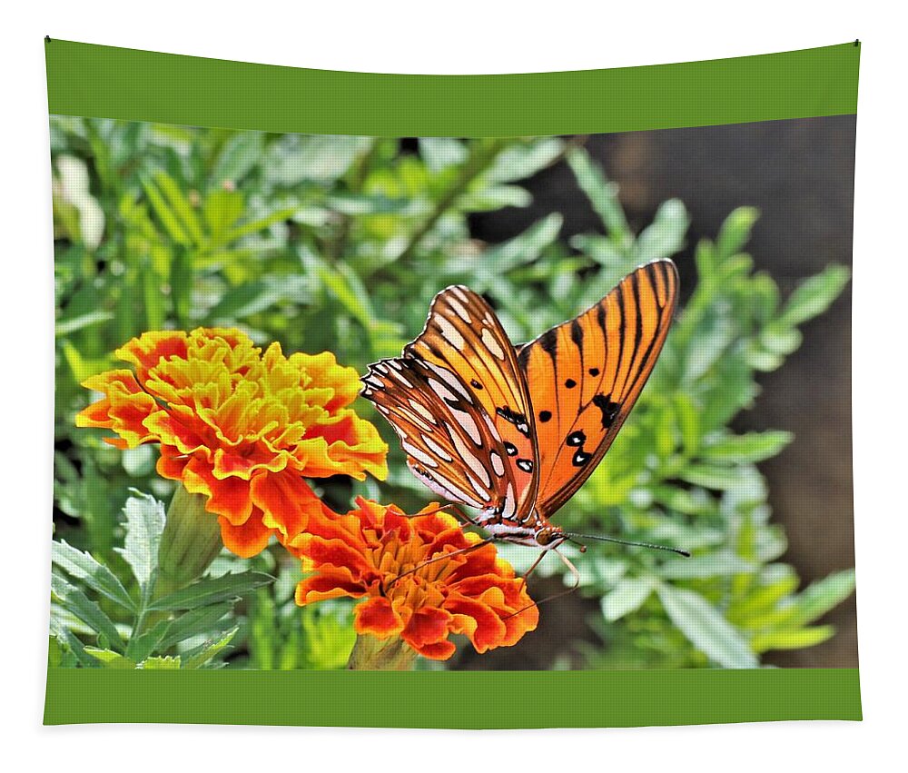 Nature Tapestry featuring the photograph Gulf Fritillary on Orange Marigolds by Sheila Brown