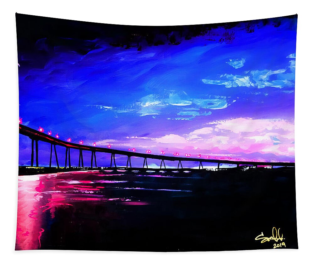 Coronado Island Bridge Lights Nighttime Sunset Colors Colorful Contrast Water Sea Ocean Reflections Lights City Lights Perspective Pink Blue Driving Boating Boat California San Diego Tapestry featuring the painting Gutierrez by Sergio