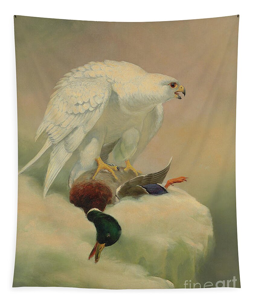 Gyrfalcon Tapestry featuring the painting Gyrfalcon and mallard by Joseph Wolf