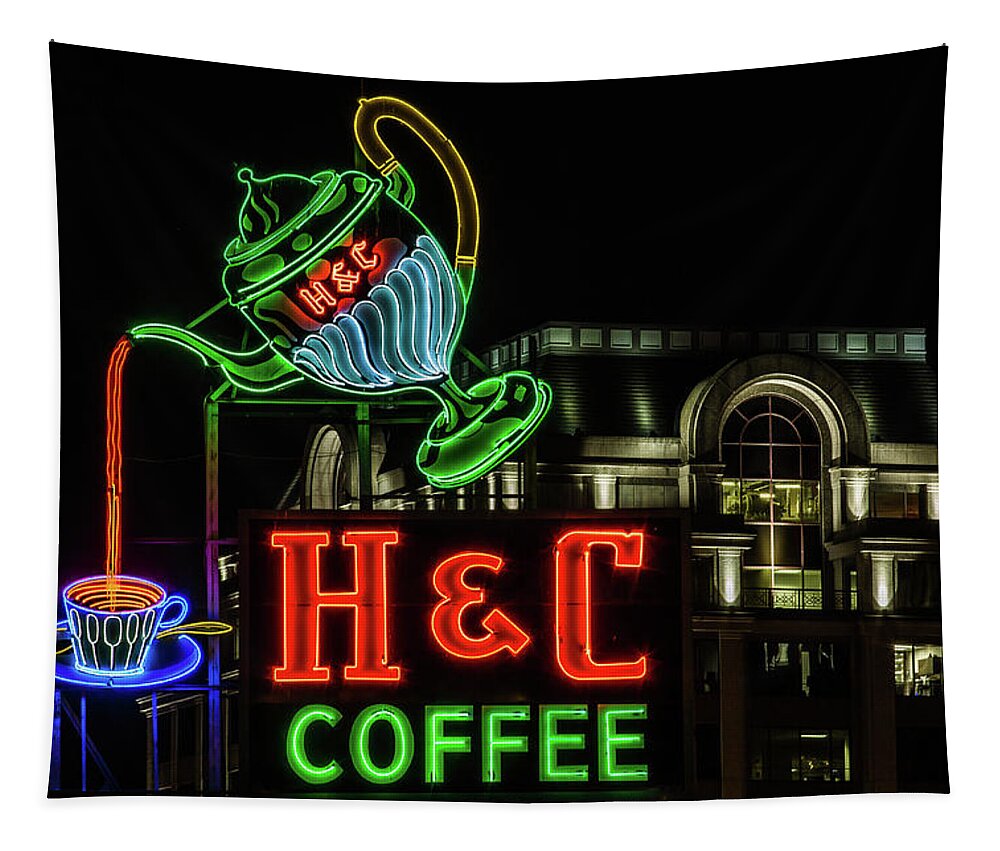 H&c Coffee Sign Tapestry featuring the photograph H and C Coffee Sign Roanoke Virginia by Julieta Belmont