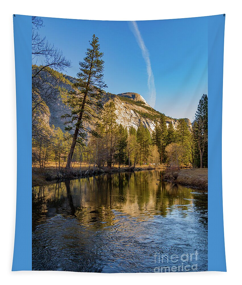 Airplane Trails Tapestry featuring the photograph Half dome with Leaning Tree by Roslyn Wilkins