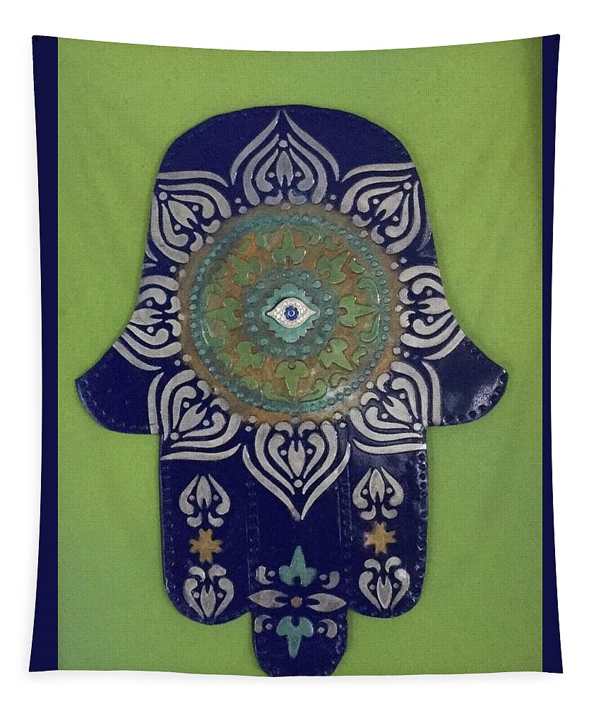 Hamsa Tapestry featuring the painting Hamsa in blue by Hila Abada