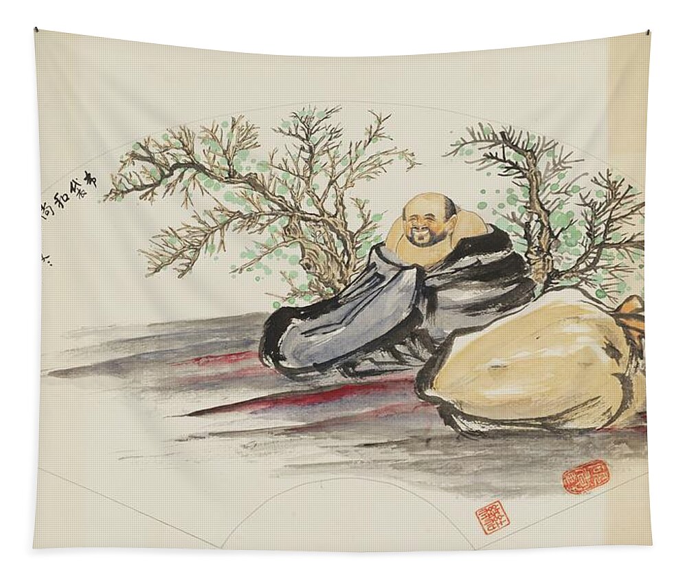 Chinese Watercolor Tapestry featuring the painting Happy Wandering Buddha #3 by Jenny Sanders