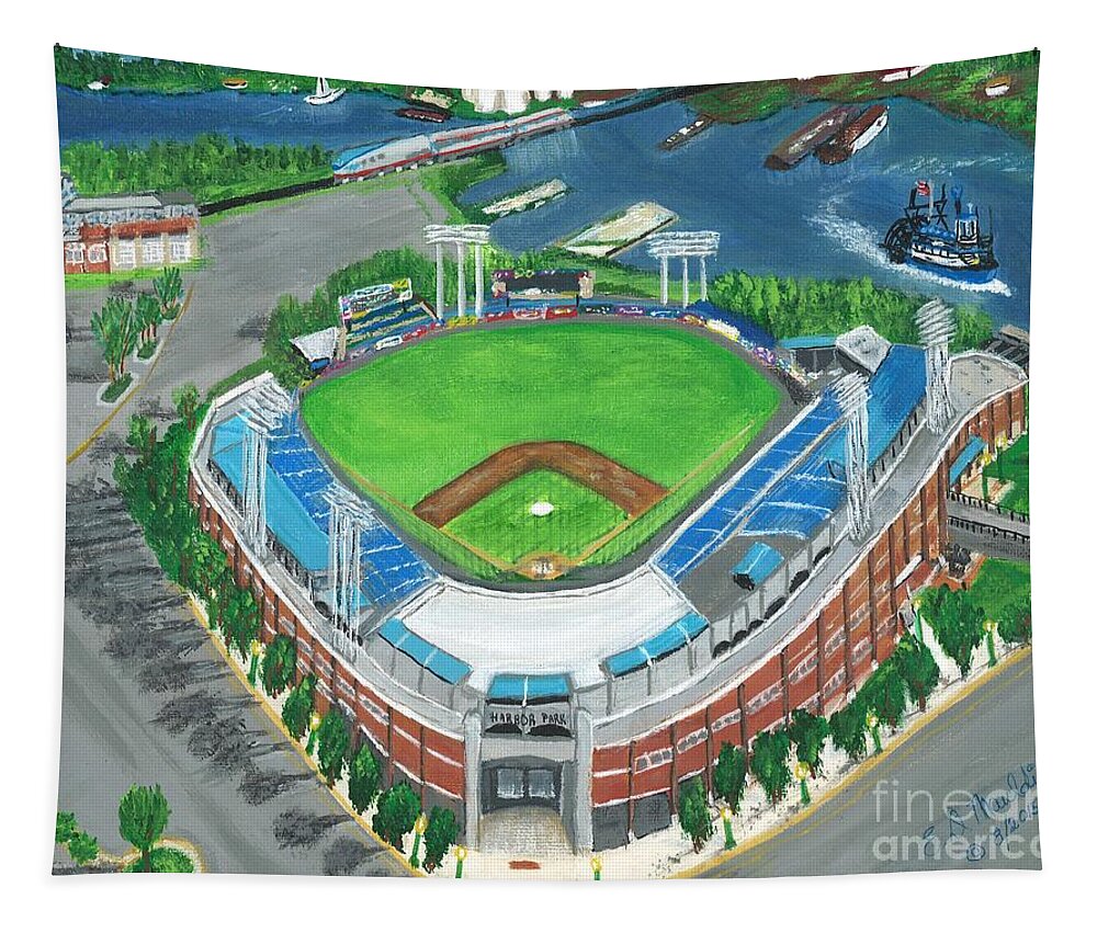 Harbor Park Tapestry featuring the painting Harbor Park on the River by Elizabeth Mauldin