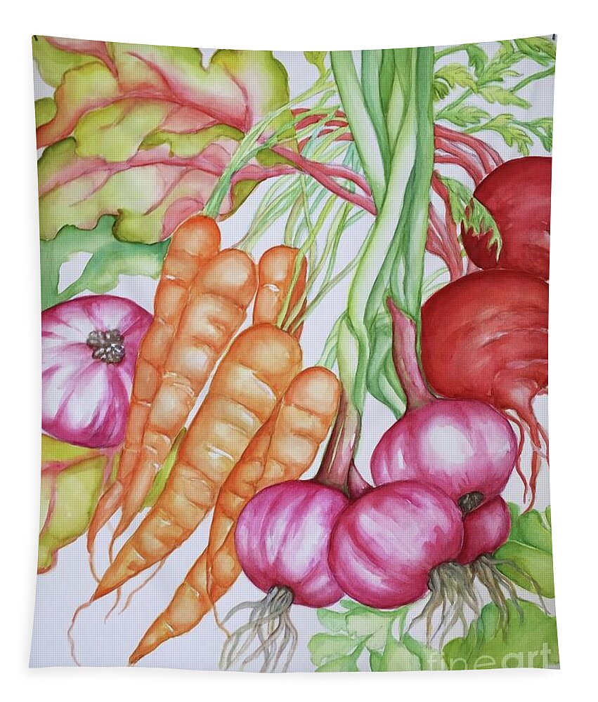 Vegetables Tapestry featuring the painting Harvesting vegetables by Inese Poga