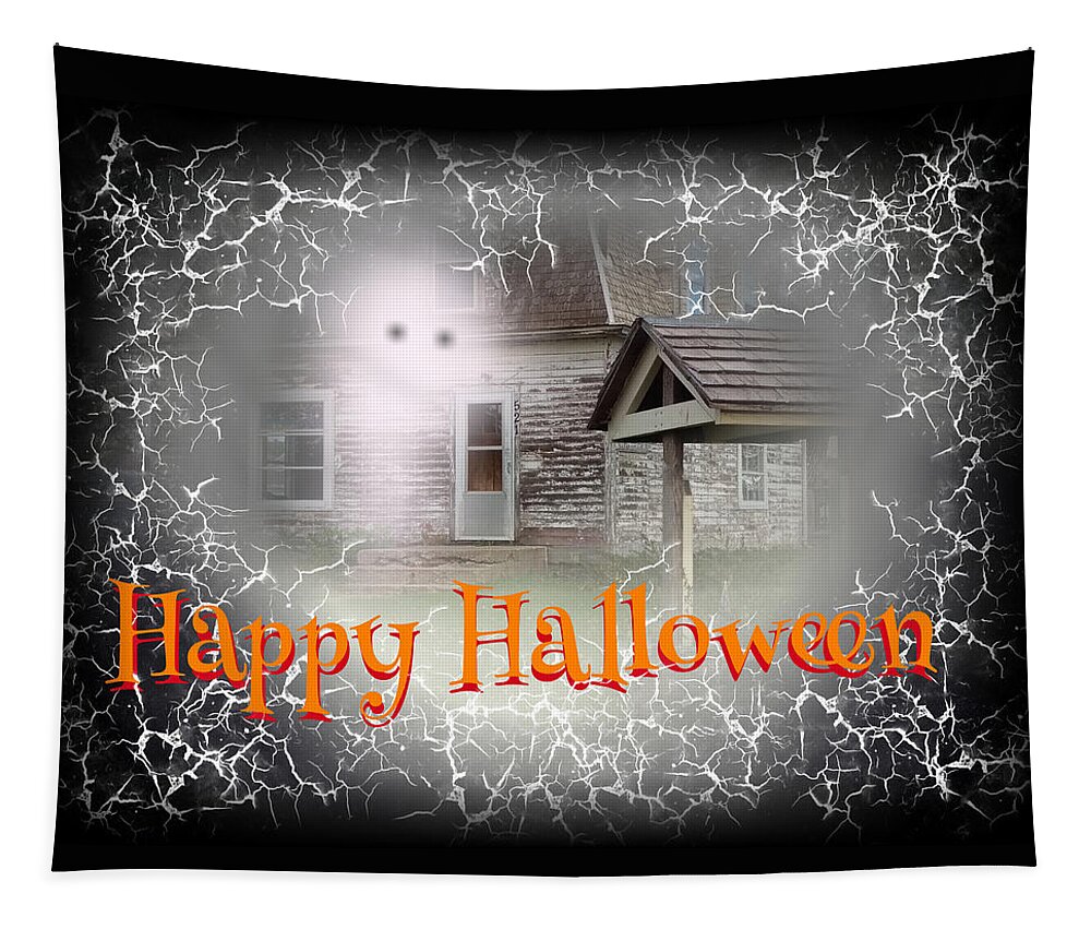 Haunted House Tapestry featuring the digital art Haunted House Happy Halloween Card by Delynn Addams