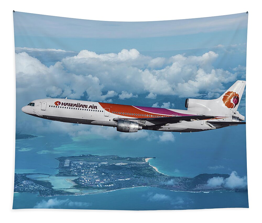 Hawaiian Airlines Tapestry featuring the mixed media Hawaiian Airlines L-1011 Over the Islands by Erik Simonsen