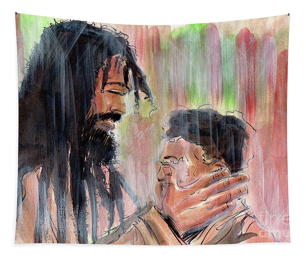 Jesus Tapestry featuring the mixed media Healing the Blind by Tu-Kwon Thomas