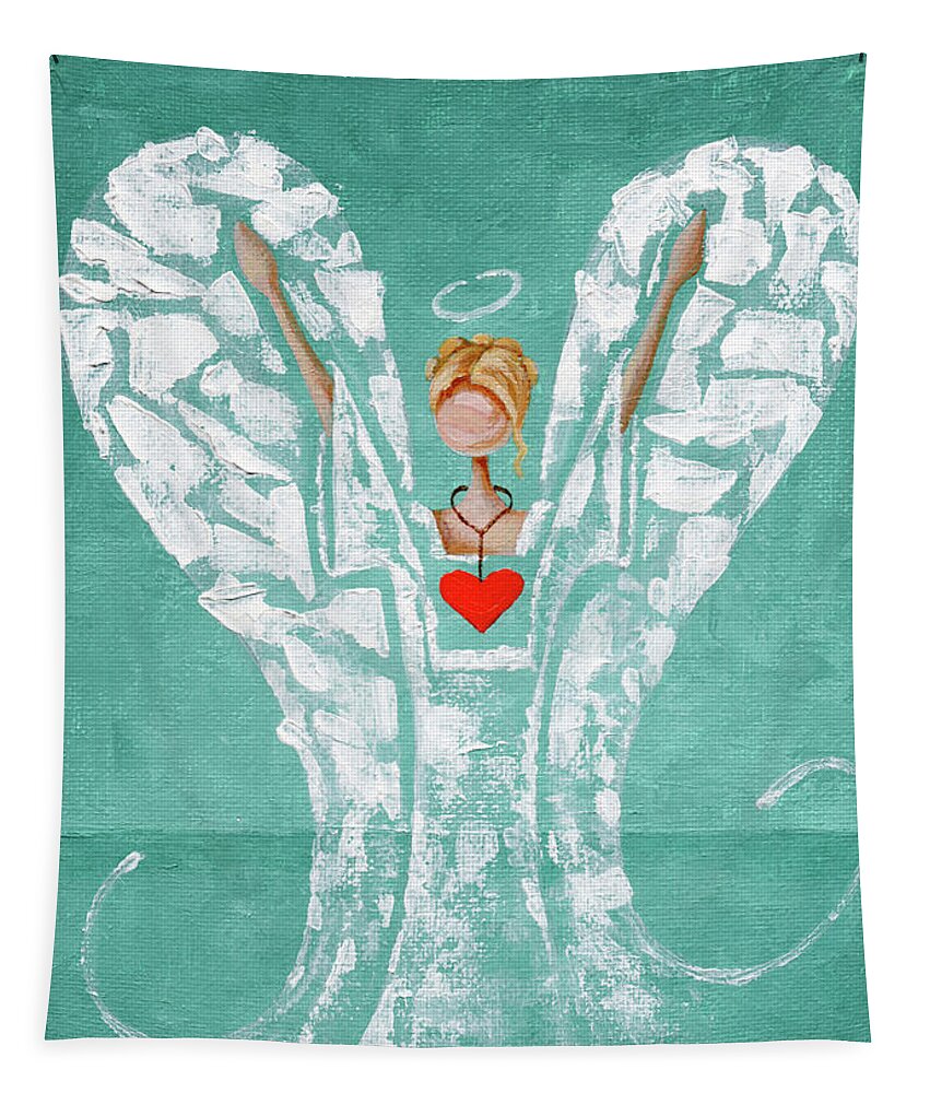 Angel Tapestry featuring the painting Heard on High Angel - teal heart by Annie Troe