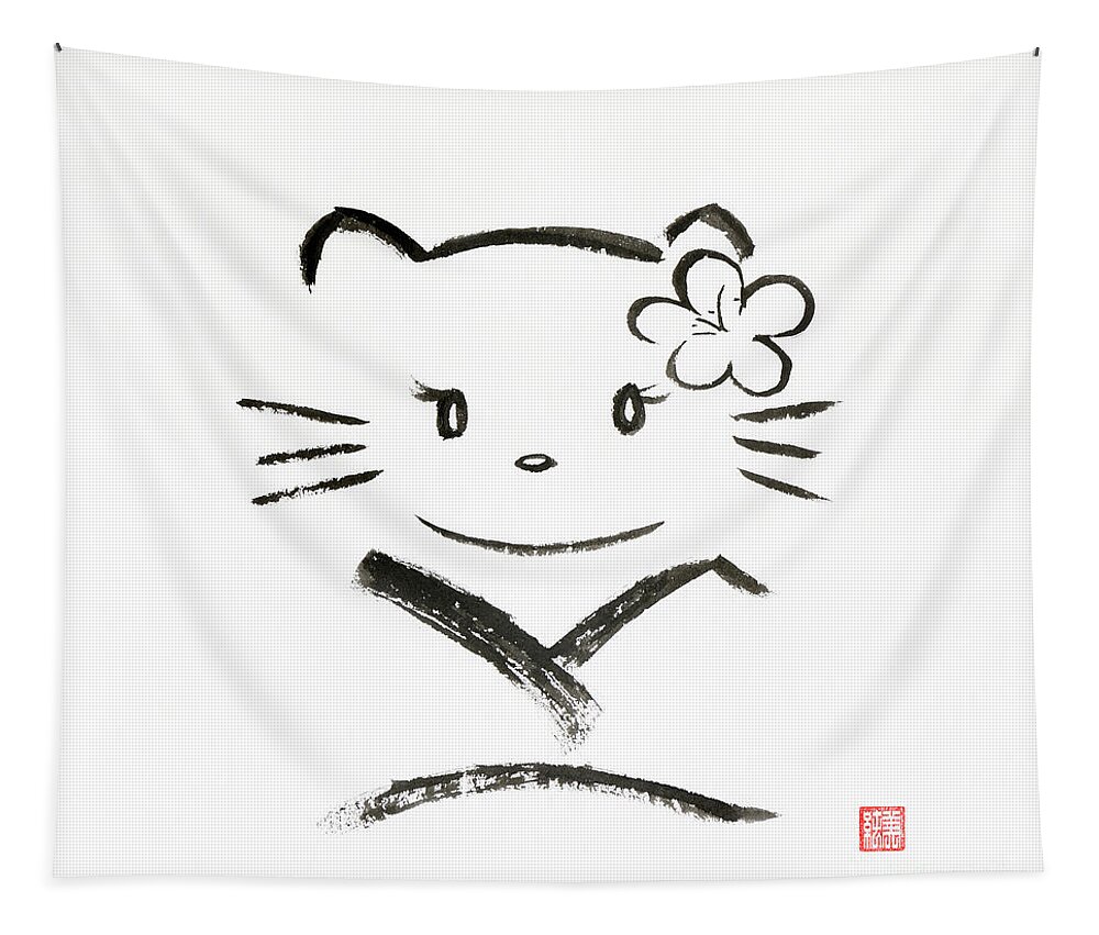 Hello kitty in kimono kawaii Japanese cartoon character with sak Tapestry  by Awen Fine Art Prints - Fine Art America