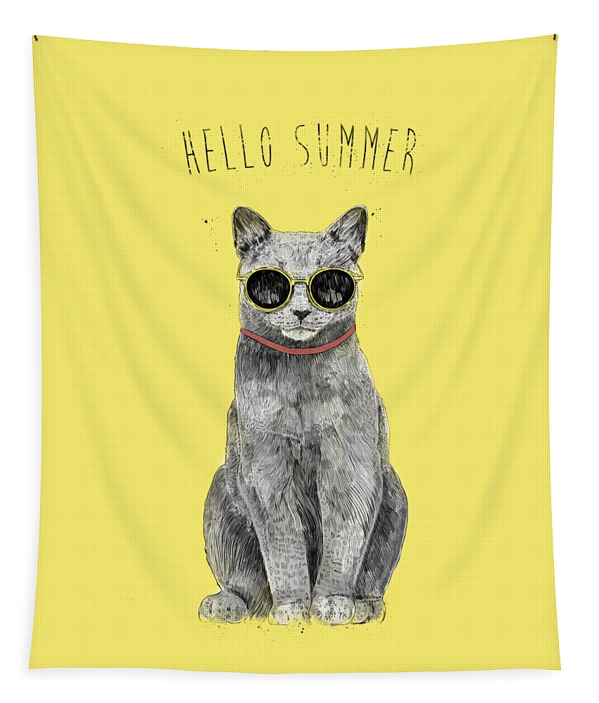 Cat Tapestry featuring the drawing Hello Summer by Balazs Solti