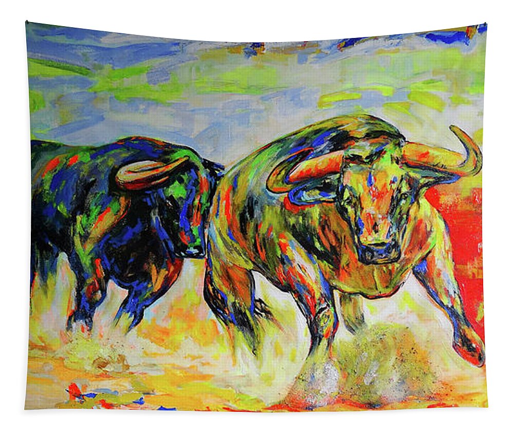 Bulls Tapestry featuring the painting Herd of Bulls by Koro Arandia