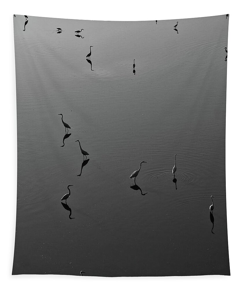 Water Tapestry featuring the photograph Herons on Lake 367 in Black and White by Wesley Elsberry