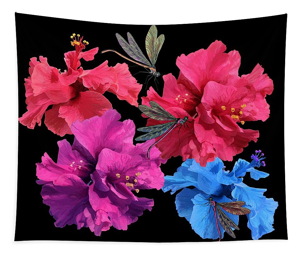 Hibiscus Tapestry featuring the drawing Hibiscus Dragonfly by Joan Stratton