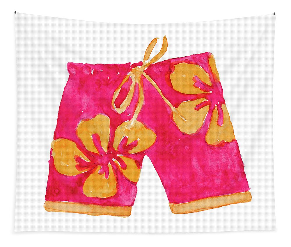 Hibiscus Tapestry featuring the mixed media Hibiscus Pink Board Trunks by Lanie Loreth