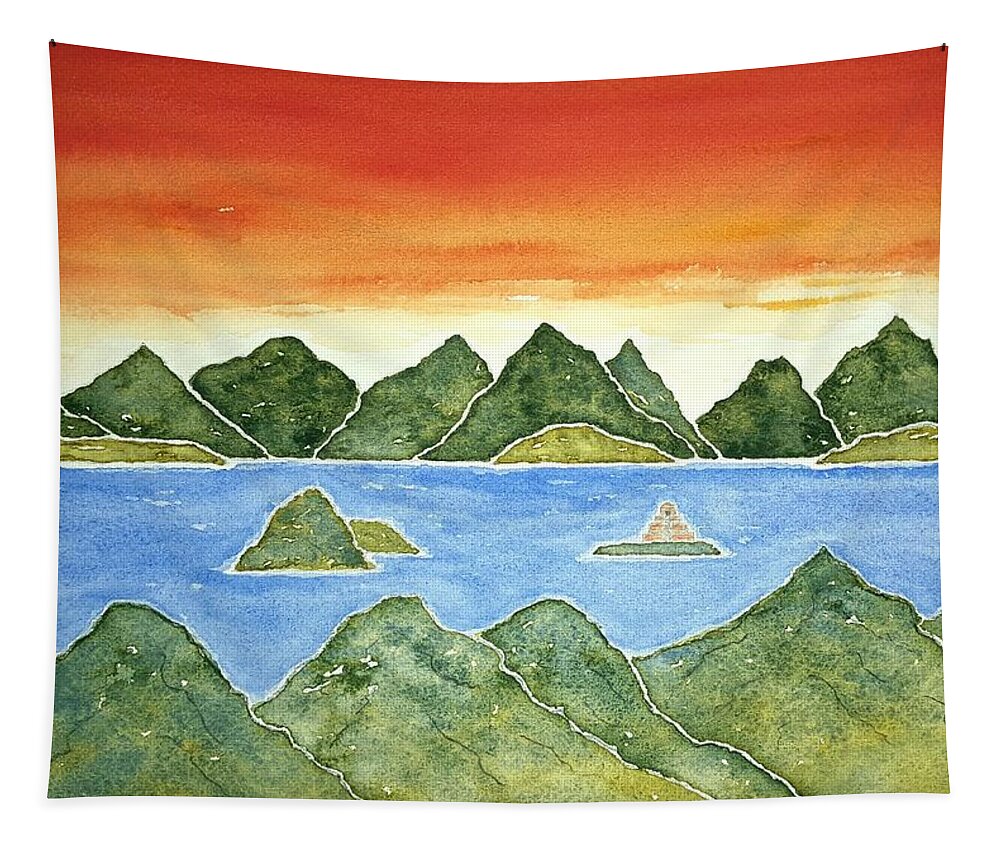 Watercolor Tapestry featuring the painting Hidden Islands Lore by John Klobucher