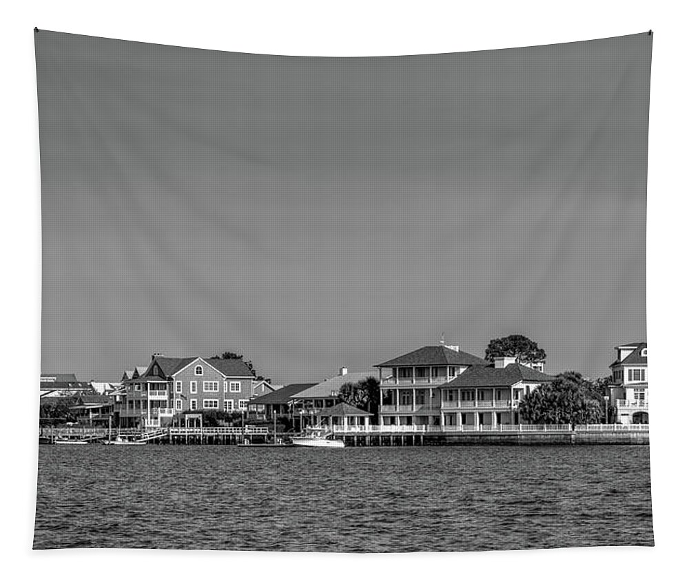 Atlantic Ocean Tapestry featuring the photograph Homes Across The Water In Morning In Black and White by Greg and Chrystal Mimbs