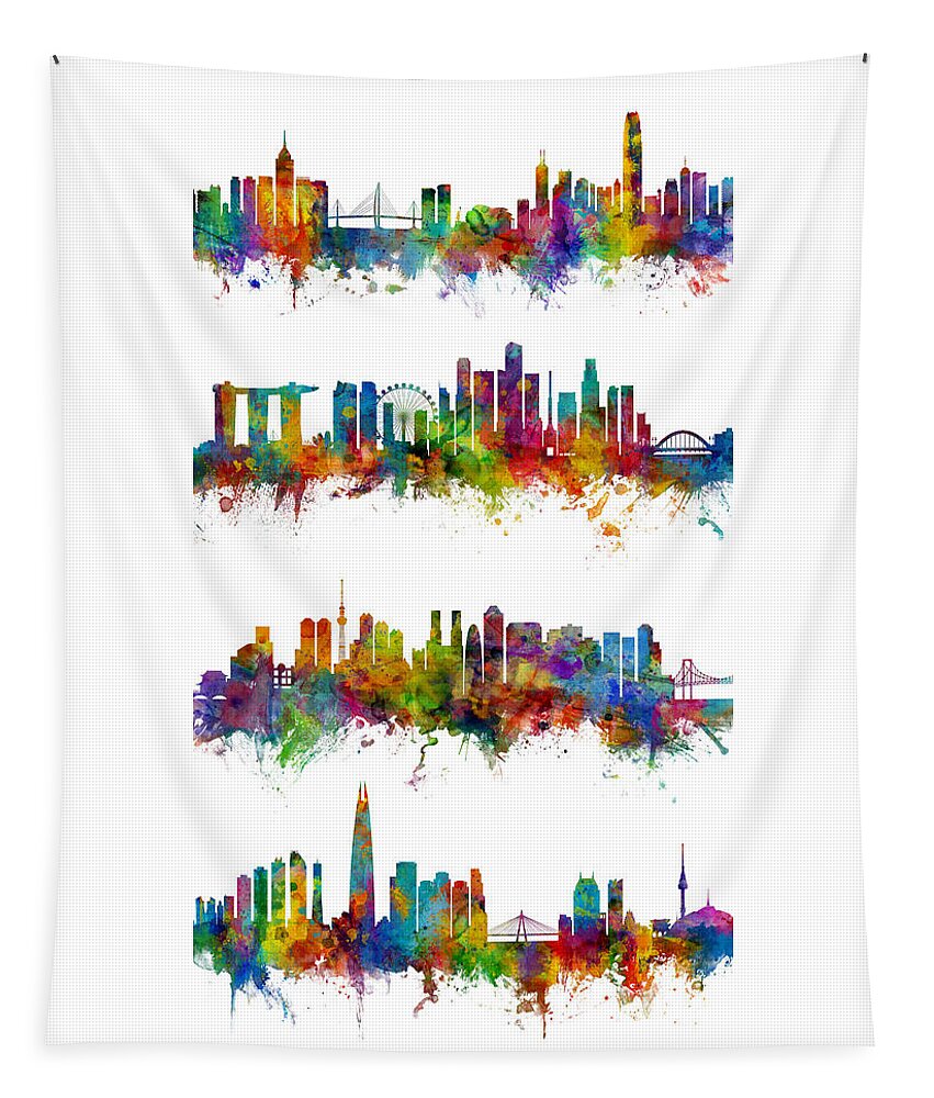 Seoul Tapestry featuring the digital art Hong Kong, Singapore, Tokyo and Seoul Skylines by Michael Tompsett