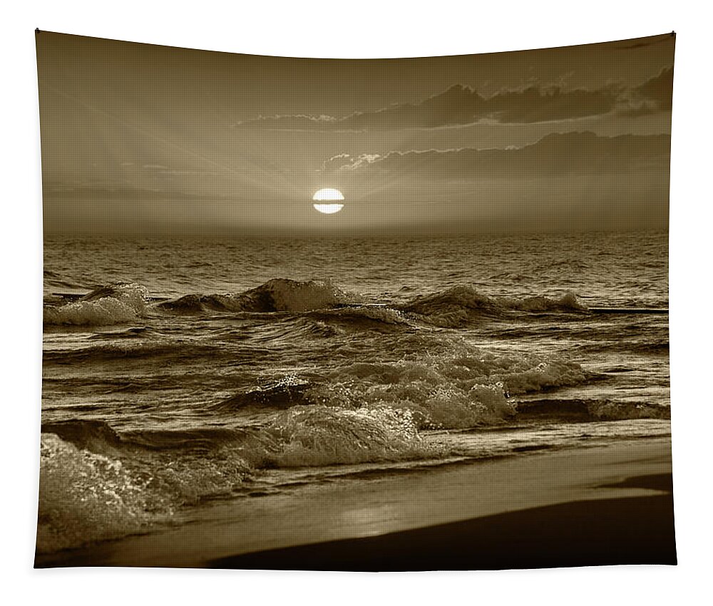 Sunset Tapestry featuring the photograph Horizontal Sepia Tone Photograph of a Lake Michigan Sunset by Randall Nyhof