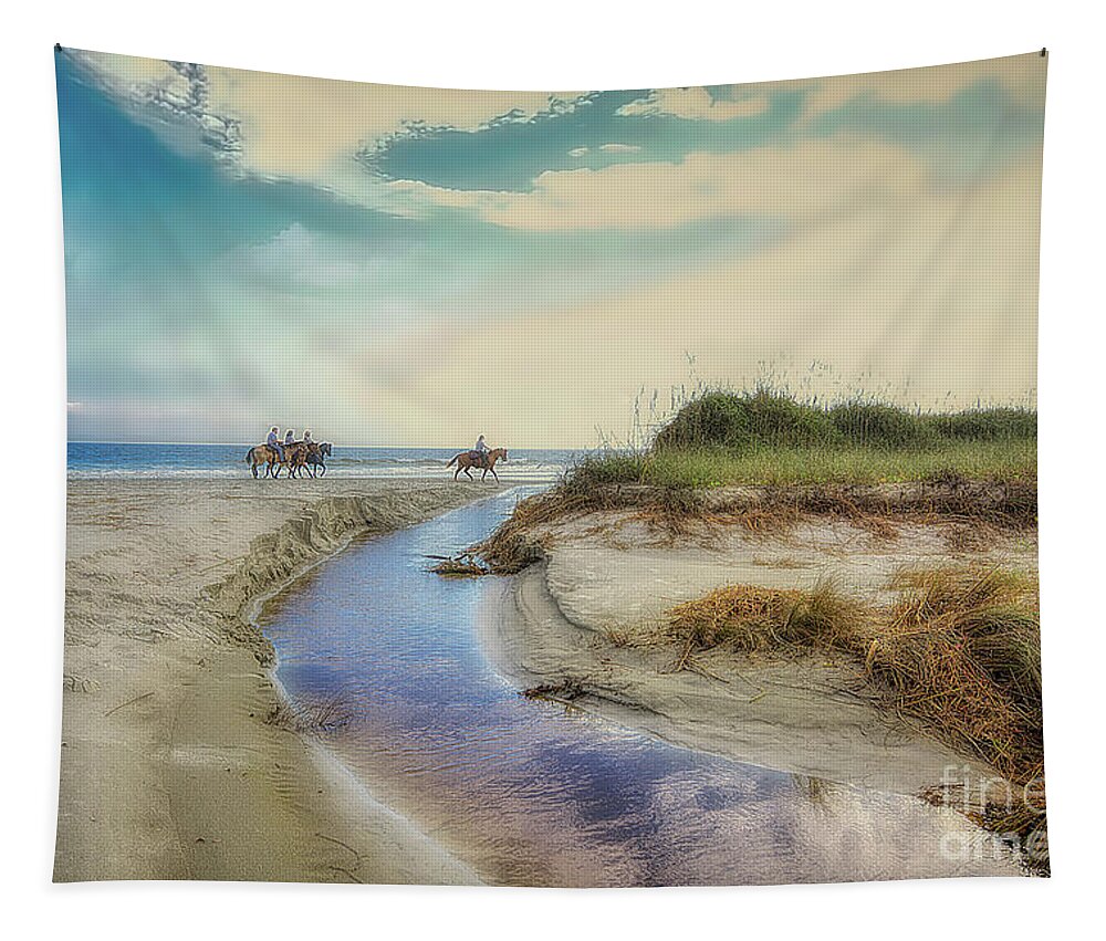 Beach Tapestry featuring the photograph Horses Along The Beach by Kathy Baccari