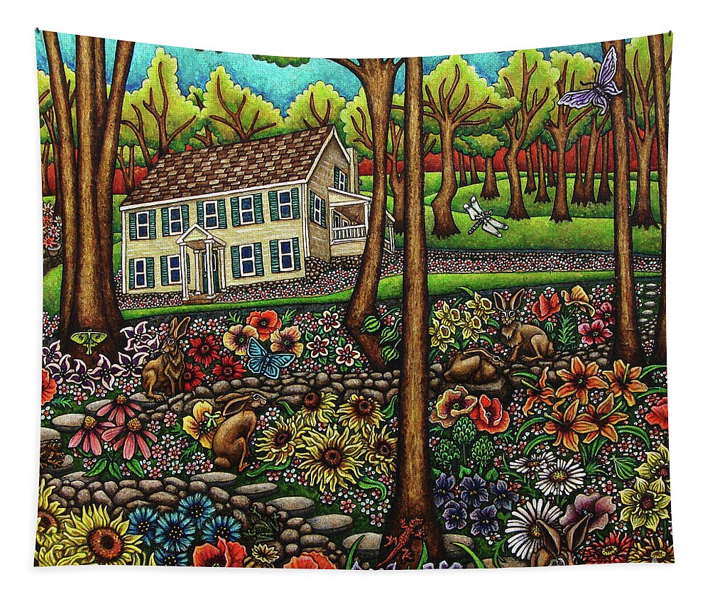 Hare Tapestry featuring the painting House In The Meadow by Amy E Fraser