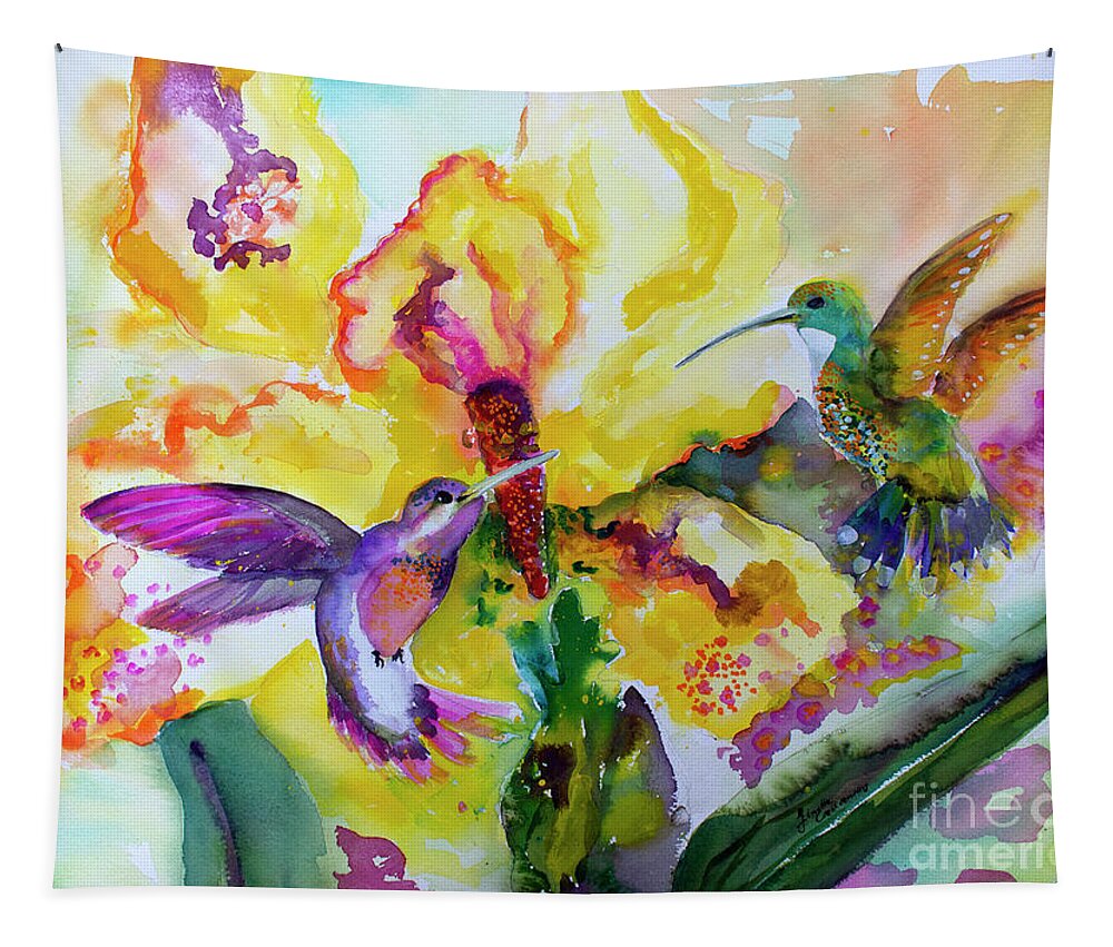 Hummingbirds Tapestry featuring the painting Hummingbird Song Watercolor by Ginette Callaway
