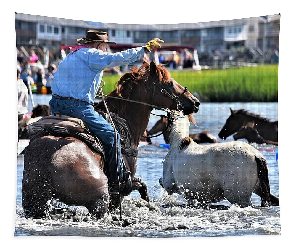Hustling Tapestry featuring the photograph Hustling a Stray Wild Horse - Chincoteague Pony Run by Kim Bemis