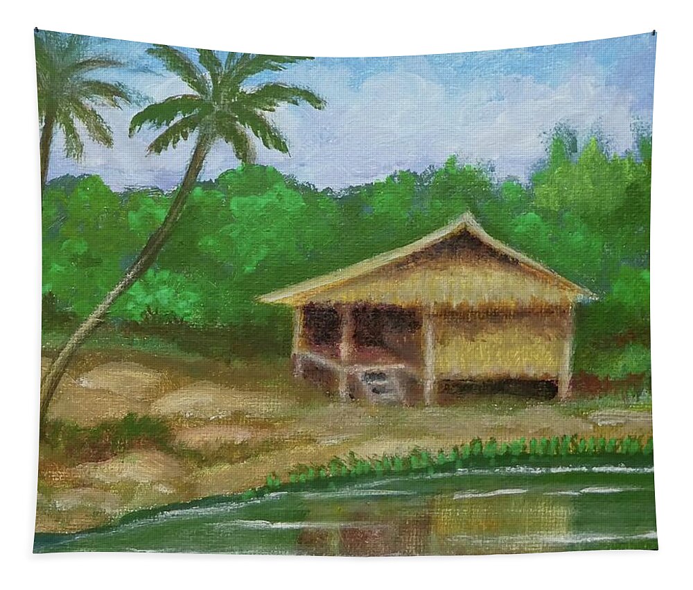 Hut Tapestry featuring the painting Hut by the River by Cyril Maza