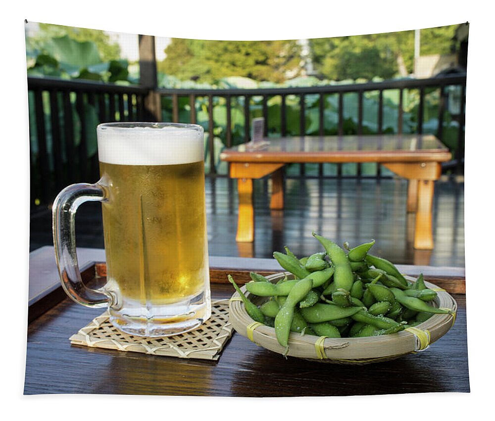 Ip_12668742 Tapestry featuring the photograph Ice Cold Beer With Salted, Cold Edamame japan by Martina Schindler