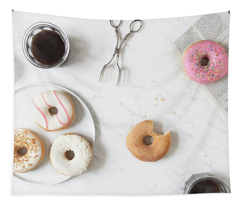 Ip_11951769 Tapestry featuring the photograph Iced Doughnuts And A Cinnamon-sugar Doughnut With A Bite Taken Out On A Marble Table by Nadja Hudovernik Food Photography
