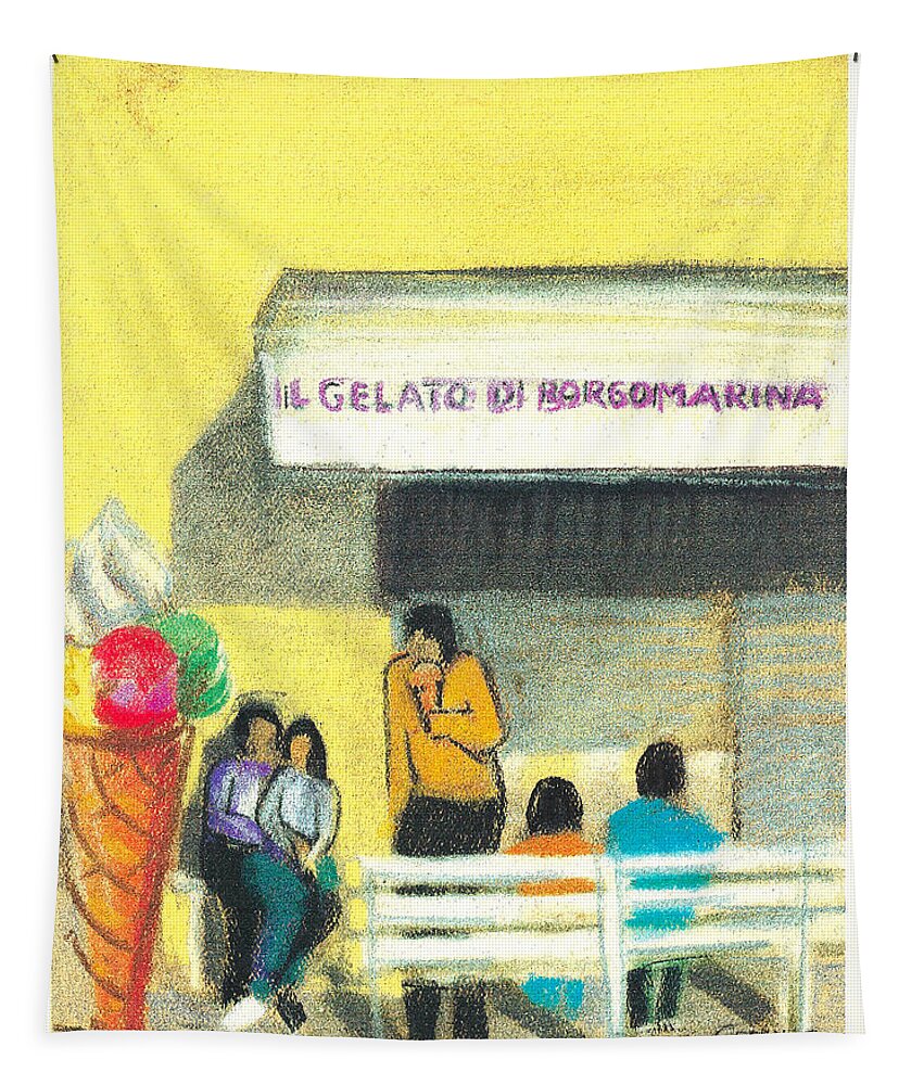 Yellow Tapestry featuring the painting Il Gelato de Borgo Marina by Suzanne Giuriati Cerny